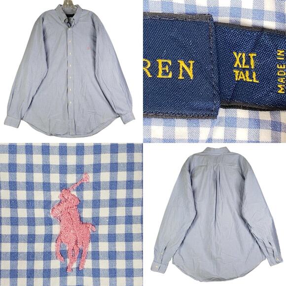 Polo Ralph Lauren Shirt Men's Size XLT Blue Gingham Pink Pony Button Down LS - Picture 1 of 14